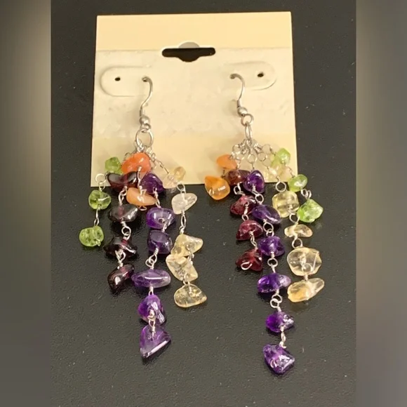 Pretty 925 Sterling Silver Multi Color Gemstone Dangling Earrings - Picture 3 of 12
